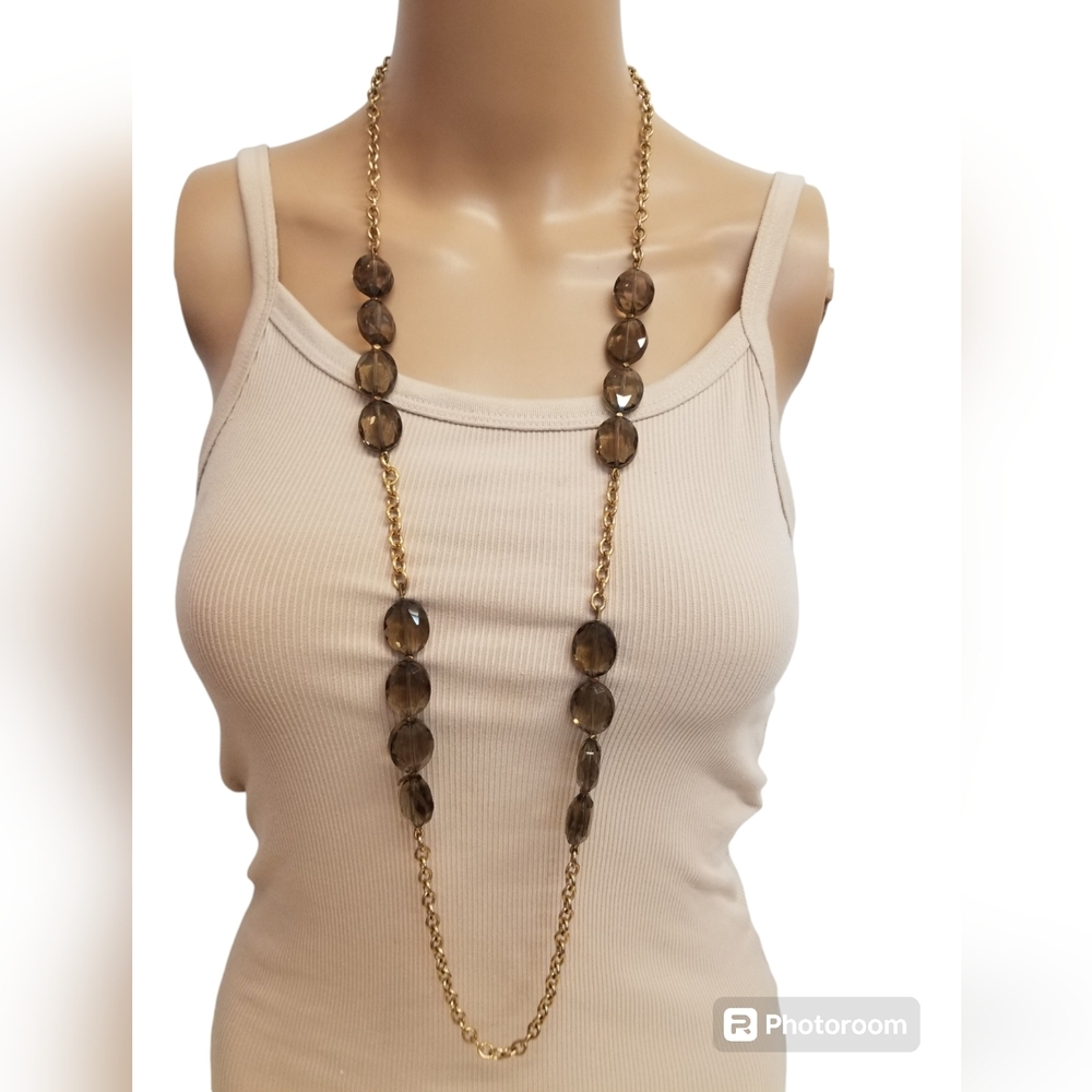 TALBOTS RETIRED LONG GOLDTONED & SMOKY GLASS CHAIN NECKLACE & DROP EARRINGS SET - Picture 3 of 5